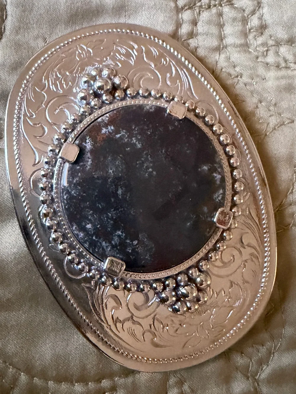 Silvertone Western Belt Buckle w Black Stone Accent Boho Cowboy Southwest Chic